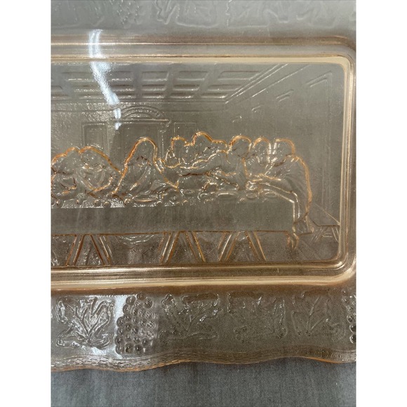 The Last Supper Vintage Tiara Indiana Glass Bread Plate Tray Pink 11" x 7" Chrty - Picture 6 of 9
